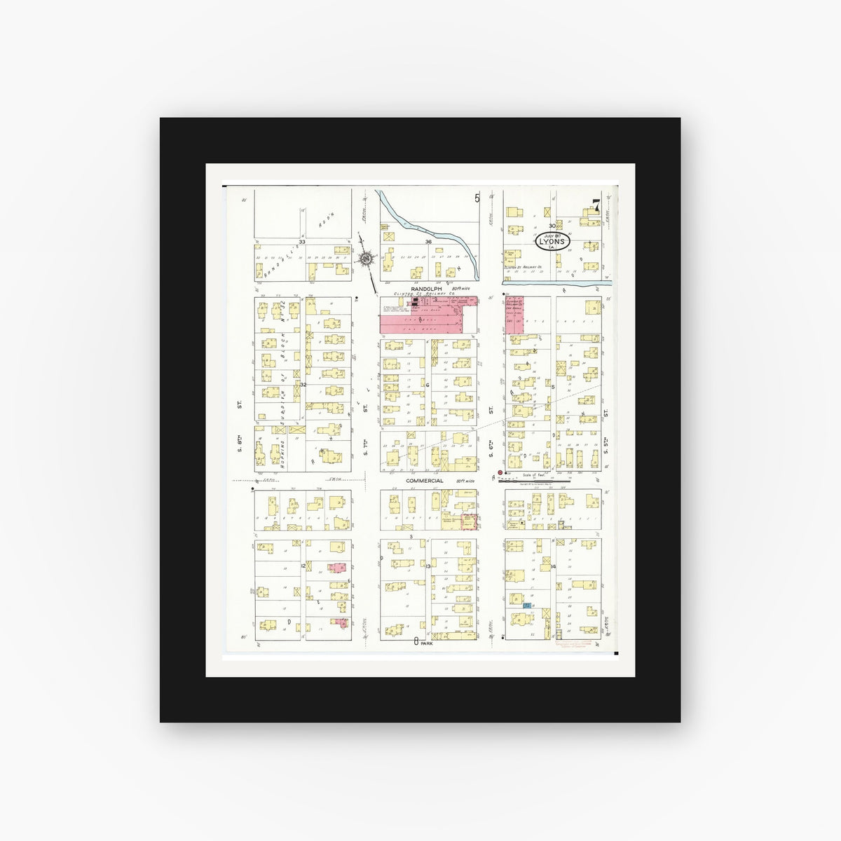 Old map wall art mockup — black gallery frame with white mat — Sanborn Fire Insurance Map from Lyons, Clinton County, Iowa (1917), Sheet #0007