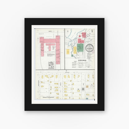 Old map wall art mockup — black gallery frame with white mat — Sanborn Fire Insurance Map from Vicksburg, Kalamazoo County, Michigan (1904), Sheet #0001