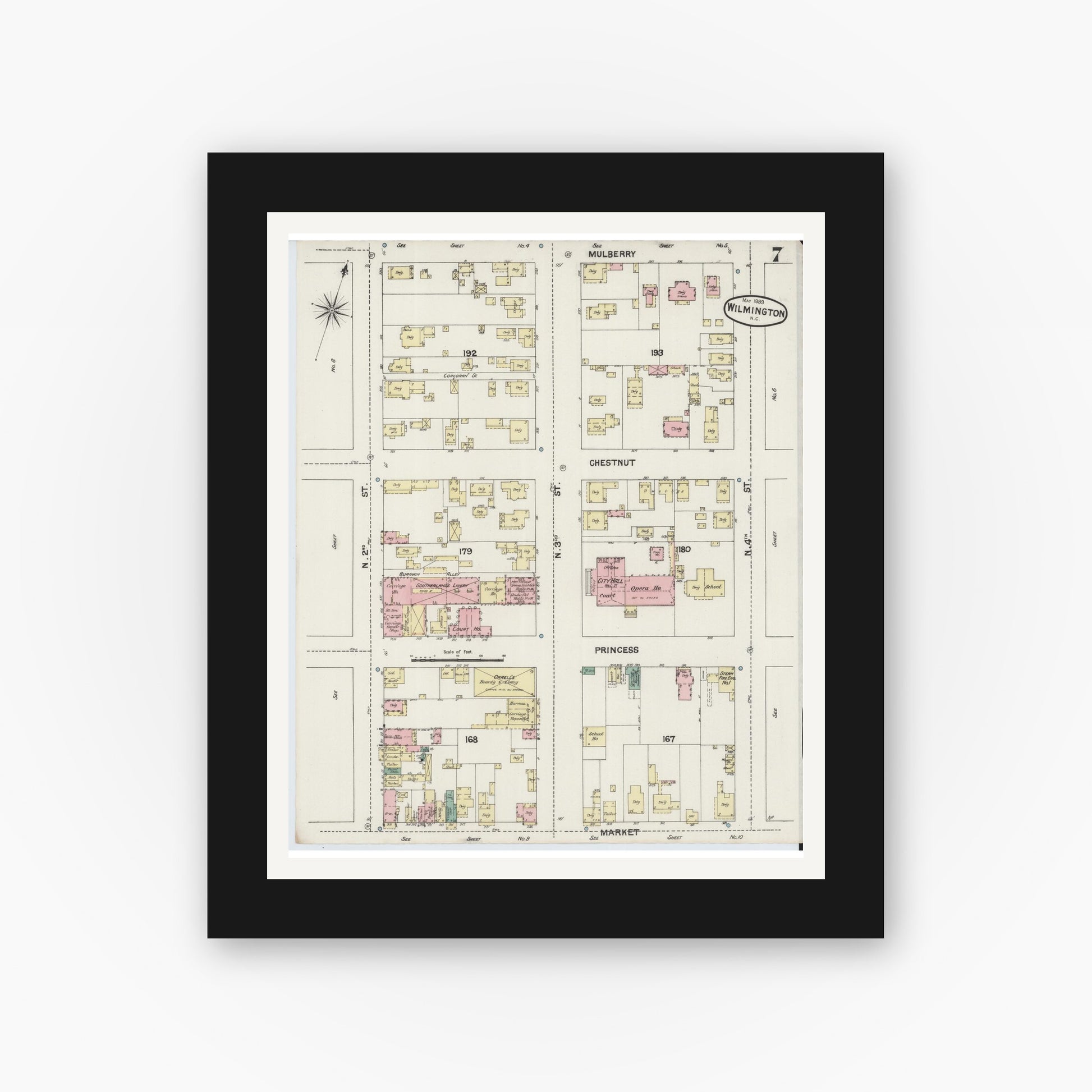Old map wall art mockup — black gallery frame with white mat — Sanborn Fire Insurance Map from Wilmington, New Hanover County, North Carolina (1889), Sheet #0007