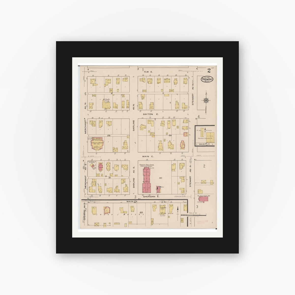 Old map wall art mockup — black gallery frame with white mat — Sanborn Fire Insurance Map from Fremont, Newaygo County, Michigan (1921), Sheet #0002