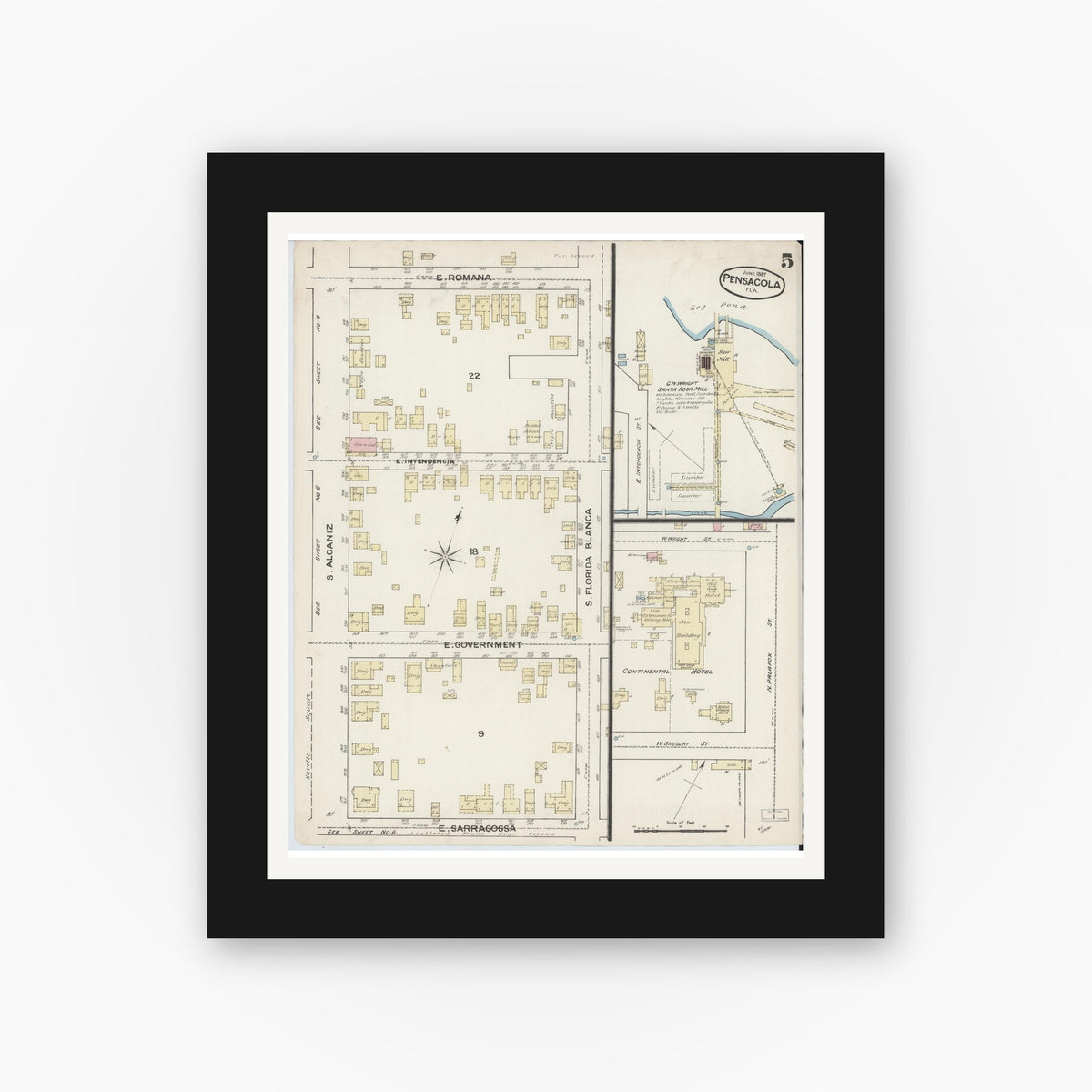 Old map wall art mockup — black gallery frame with white mat — Sanborn Fire Insurance Map from Pensacola, Escambia County, Florida (1887), Sheet #0005