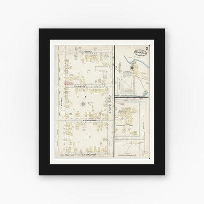 Old map wall art mockup — black gallery frame with white mat — Sanborn Fire Insurance Map from Pensacola, Escambia County, Florida (1887), Sheet #0005