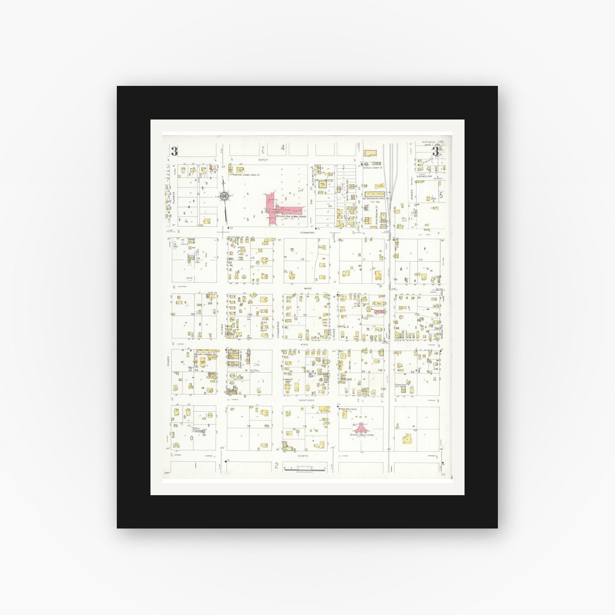 Old map wall art mockup — black gallery frame with white mat — Sanborn Fire Insurance Map from Refugio, Refugio County, Texas (1935), Sheet #0003