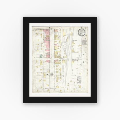 Old map wall art mockup — black gallery frame with white mat — Sanborn Fire Insurance Map from Traer, Tama County, Iowa (1895), Sheet #0001