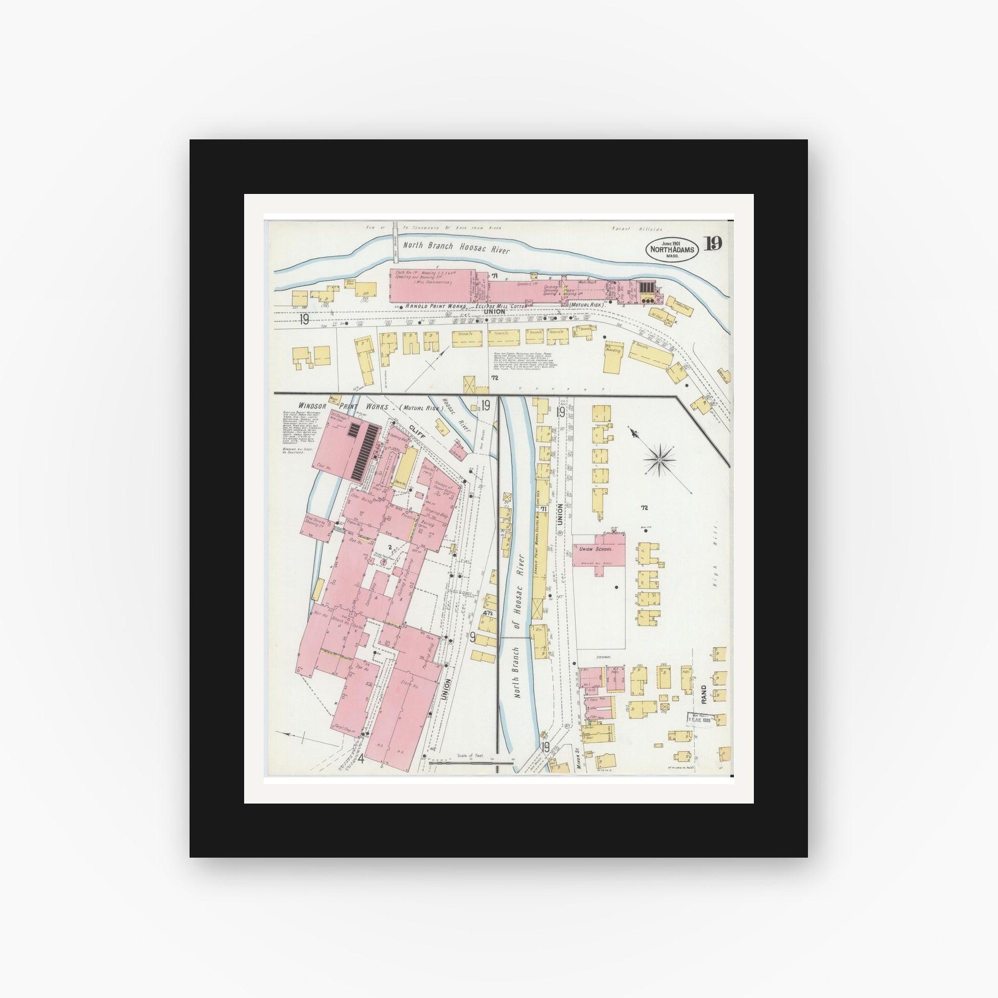 Old map wall art mockup — black gallery frame with white mat — Sanborn Fire Insurance Map from North Adams, Berkshire County, Massachusetts (1901), Sheet #0019