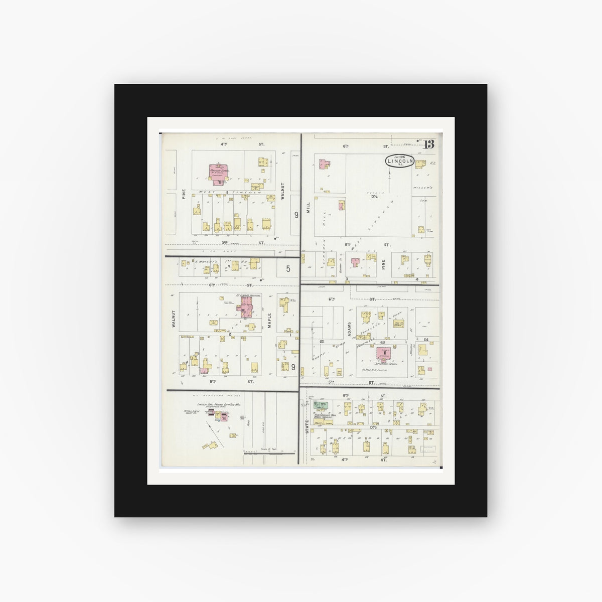 Old map wall art mockup — black gallery frame with white mat — Sanborn Fire Insurance Map from Lincoln, Logan County, Illinois (1896), Sheet #0013