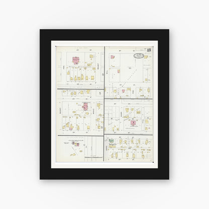 Old map wall art mockup — black gallery frame with white mat — Sanborn Fire Insurance Map from Lincoln, Logan County, Illinois (1896), Sheet #0013