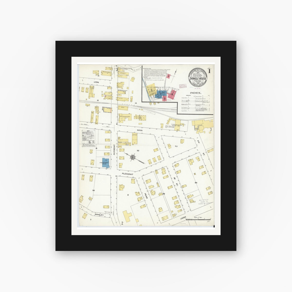 Old map wall art mockup — black gallery frame with white mat — Sanborn Fire Insurance Map from Shingle House, Potter County, Pennsylvania (1909) - Complete Map Set