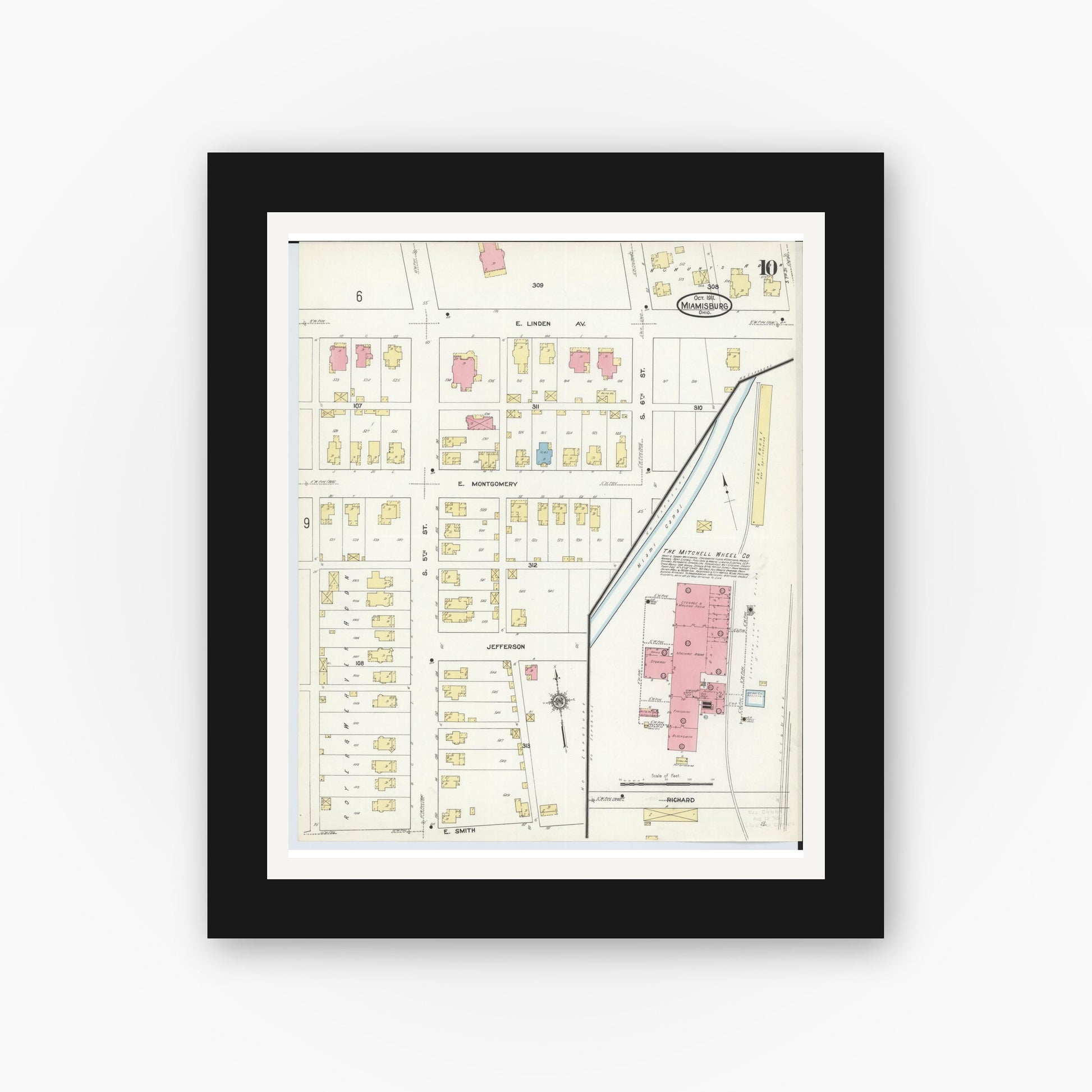 Old map wall art mockup — black gallery frame with white mat — Sanborn Fire Insurance Map from Miamisburg, Montgomery County, Ohio (1911), Sheet #0010