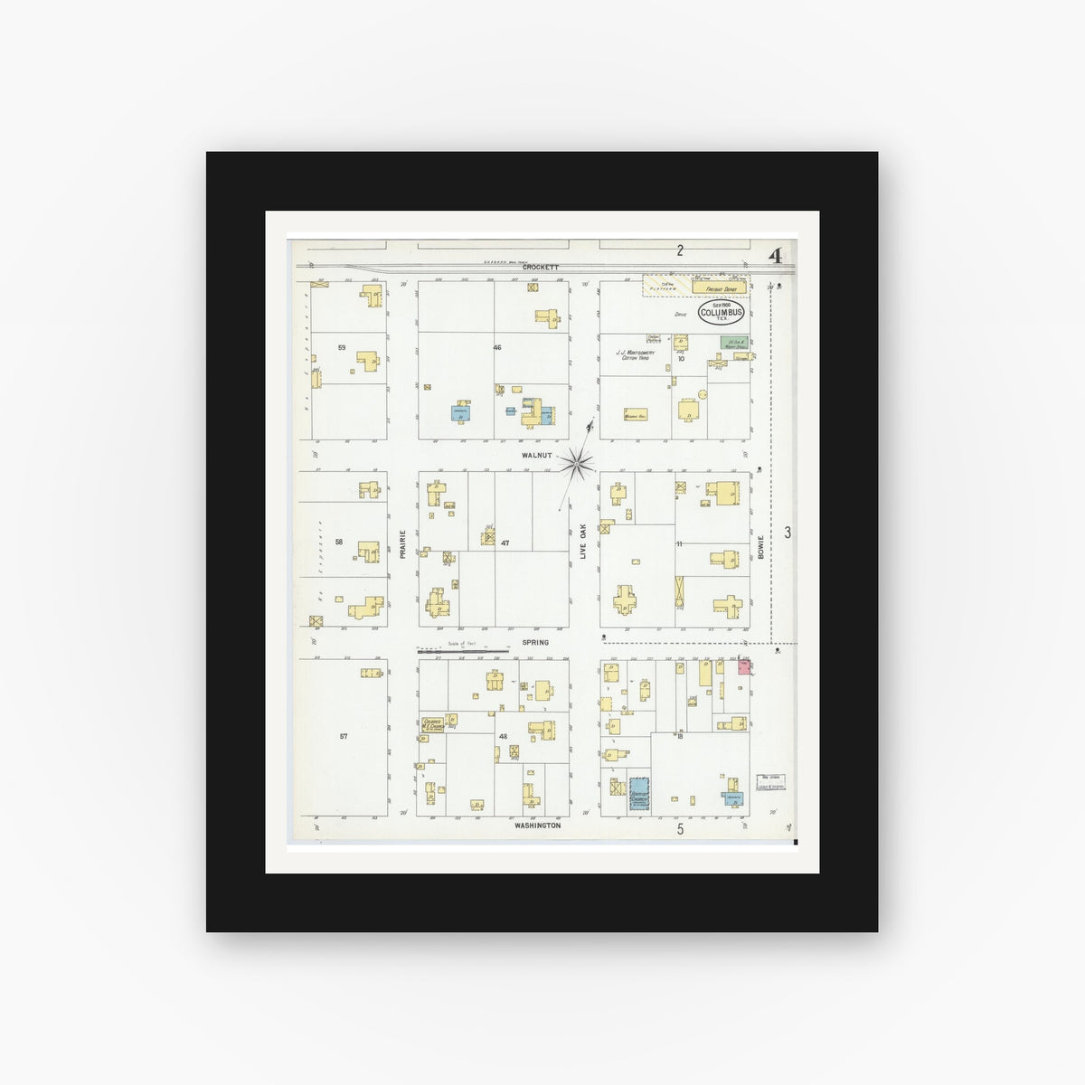 Old map wall art mockup — black gallery frame with white mat — Sanborn Fire Insurance Map from Columbus, Colorado County, Texas (1900), Sheet #0004