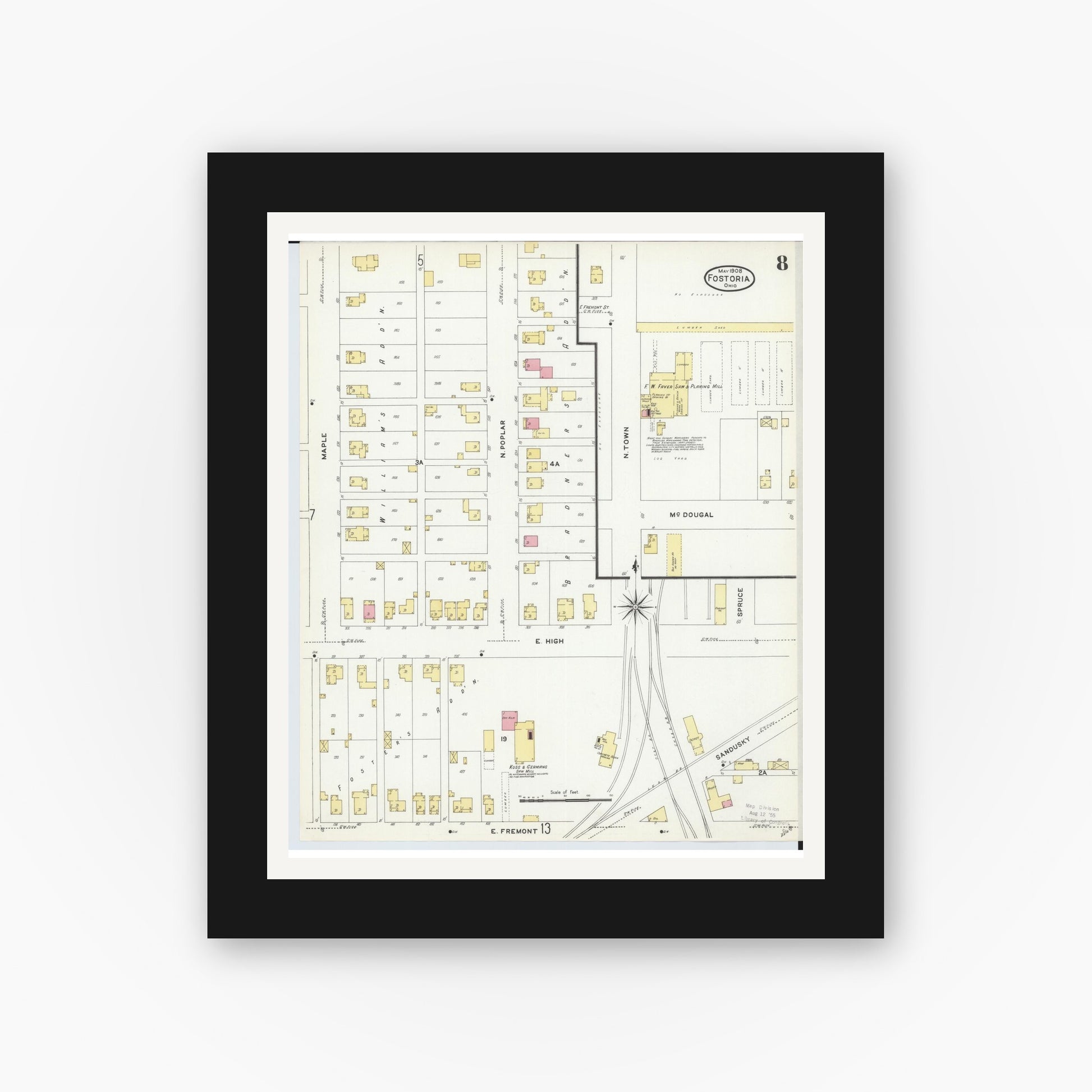 Old map wall art mockup — black gallery frame with white mat — Sanborn Fire Insurance Map from Fostoria, Seneca, Hancock, And Wood Counties, Ohio (1908), Sheet #0008