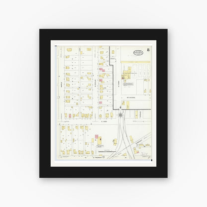 Old map wall art mockup — black gallery frame with white mat — Sanborn Fire Insurance Map from Fostoria, Seneca, Hancock, And Wood Counties, Ohio (1908), Sheet #0008