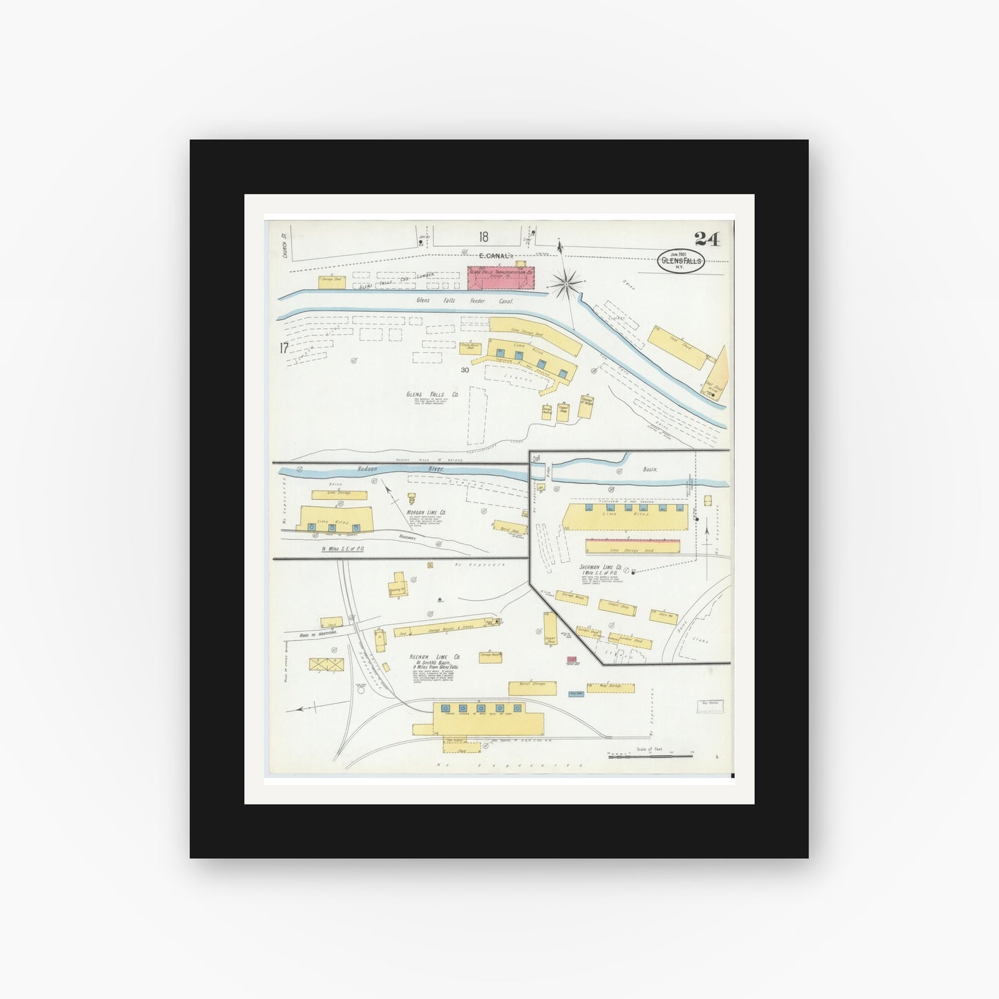 Old map wall art mockup — black gallery frame with white mat — Sanborn Fire Insurance Map from Glens Falls, Warren County, New York (1901), Sheet #0024