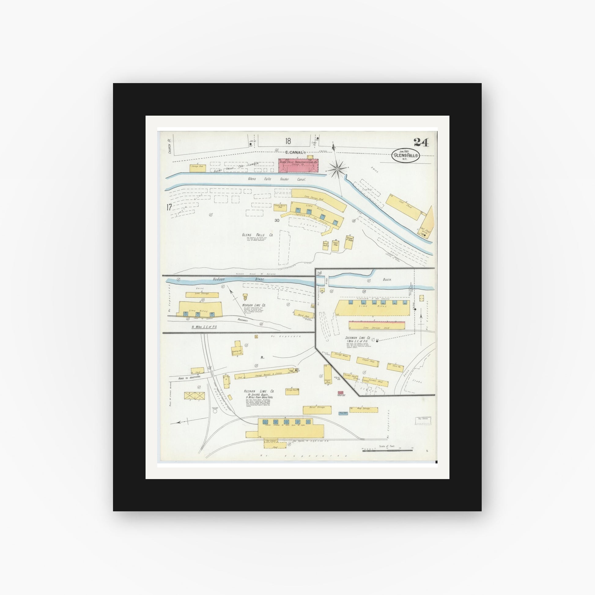 Old map wall art mockup — black gallery frame with white mat — Sanborn Fire Insurance Map from Glens Falls, Warren County, New York (1901), Sheet #0024