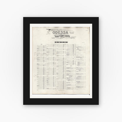Old map wall art mockup — black gallery frame with white mat — Sanborn Fire Insurance Map from Odessa, Edger County, Texas (1950), Sheet #0001