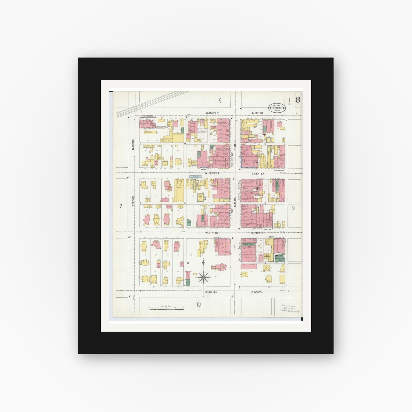 Old map wall art mockup — black gallery frame with white mat — Sanborn Fire Insurance Map from Fostoria, Seneca, Hancock, And Wood Counties, Ohio (1901), Sheet #0008