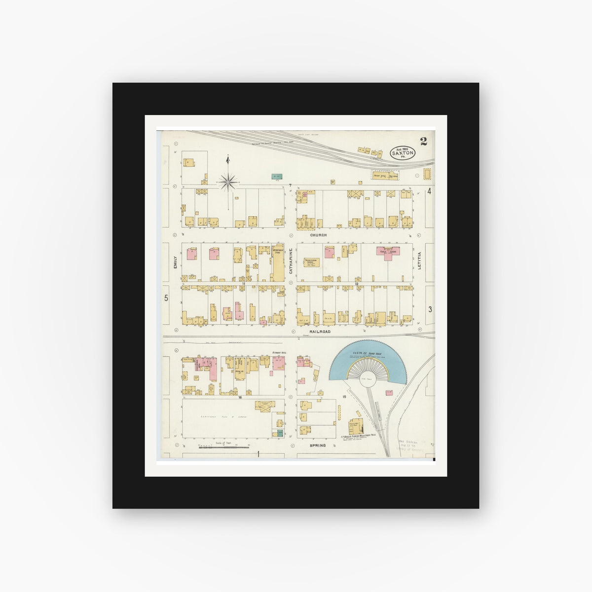 Old map wall art mockup — black gallery frame with white mat — Sanborn Fire Insurance Map from Saxton, Bedford County, Pennsylvania (1905), Sheet #0002