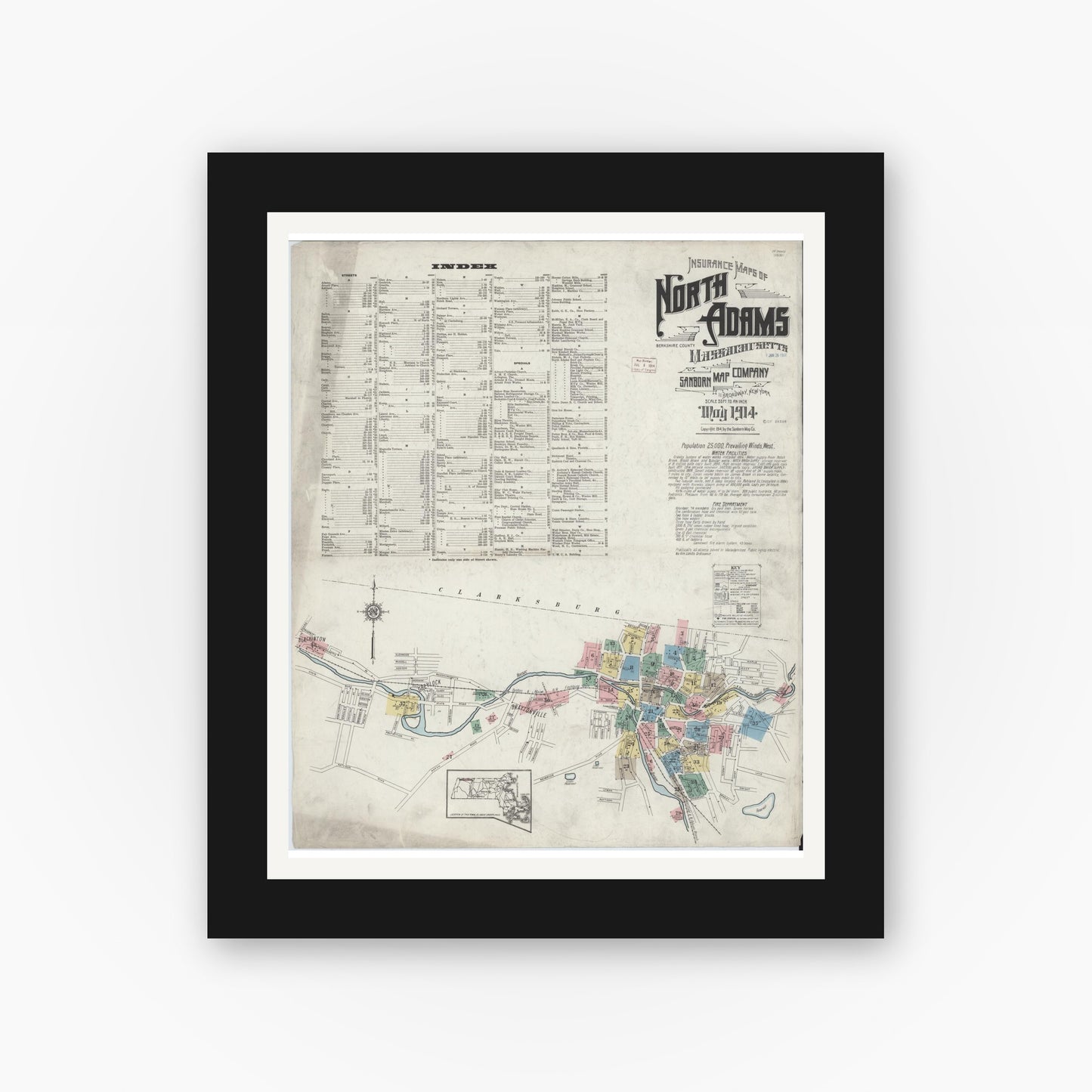 Old map wall art mockup — black gallery frame with white mat — Sanborn Fire Insurance Map from North Adams, Berkshire County, Massachusetts (1914) - Complete Map Set