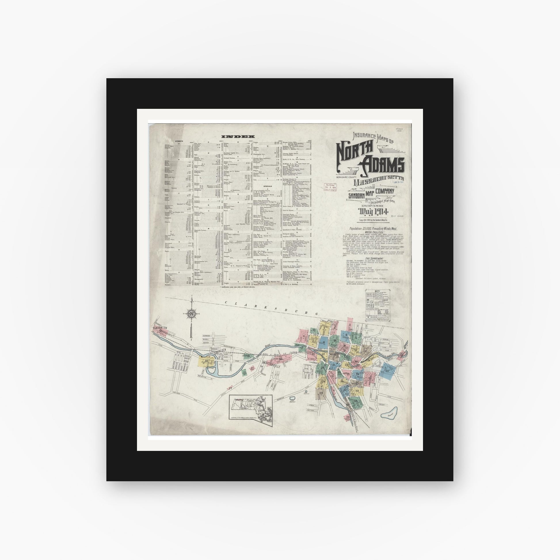 Old map wall art mockup — black gallery frame with white mat — Sanborn Fire Insurance Map from North Adams, Berkshire County, Massachusetts (1914) - Complete Map Set