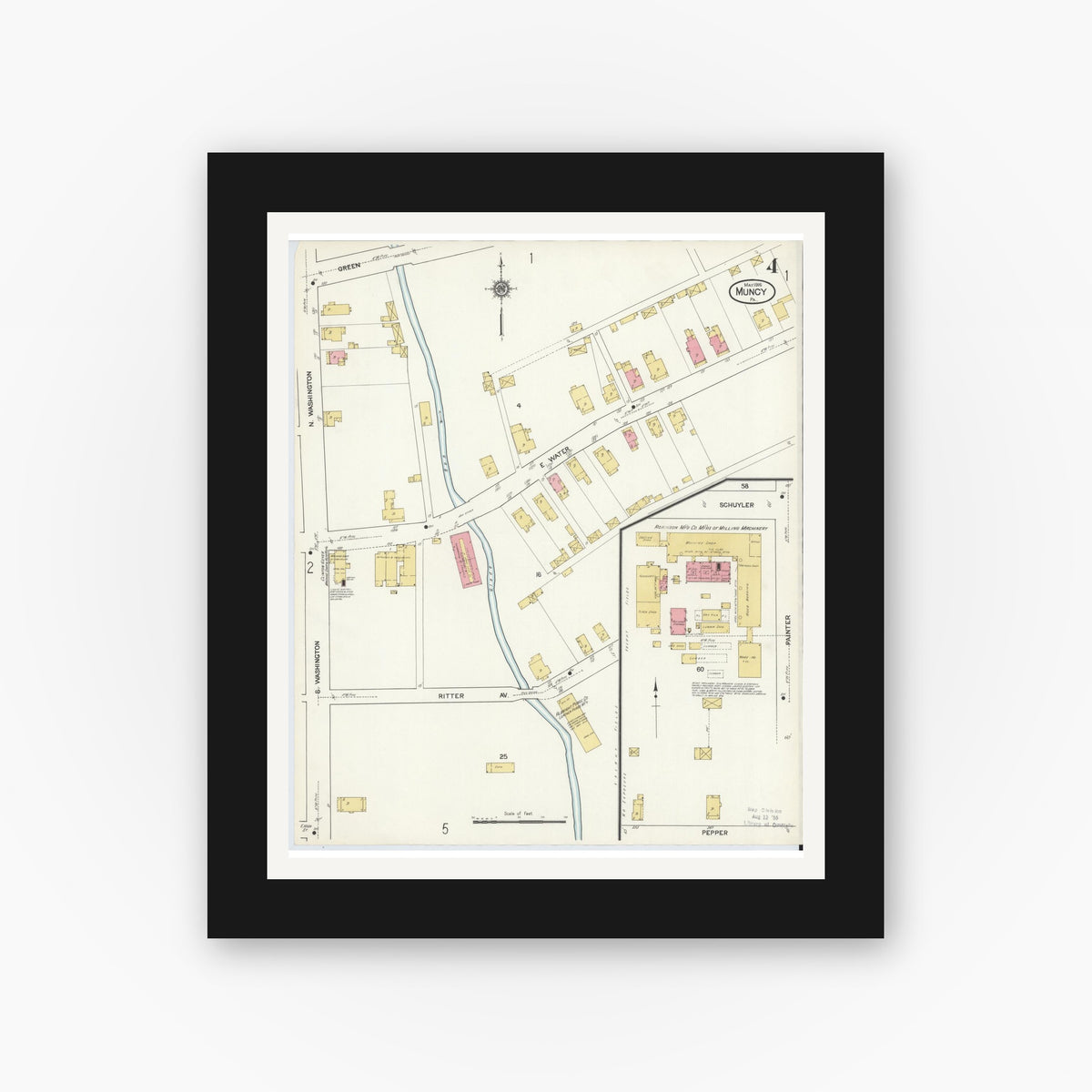 Old map wall art mockup — black gallery frame with white mat — Sanborn Fire Insurance Map from Muncy, Lycoming County, Pennsylvania (1916), Sheet #0004