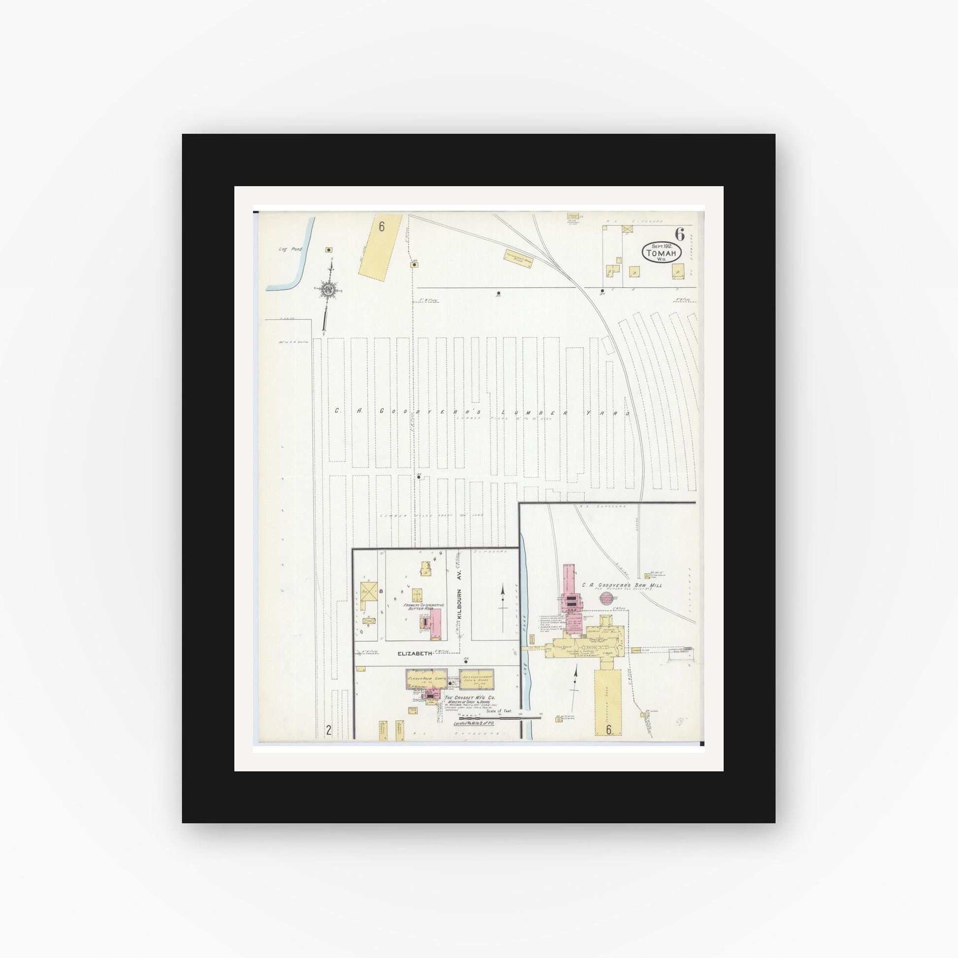 Old map wall art mockup — black gallery frame with white mat — Sanborn Fire Insurance Map from Tomah, Monroe County, Wisconsin (1912), Sheet #0006