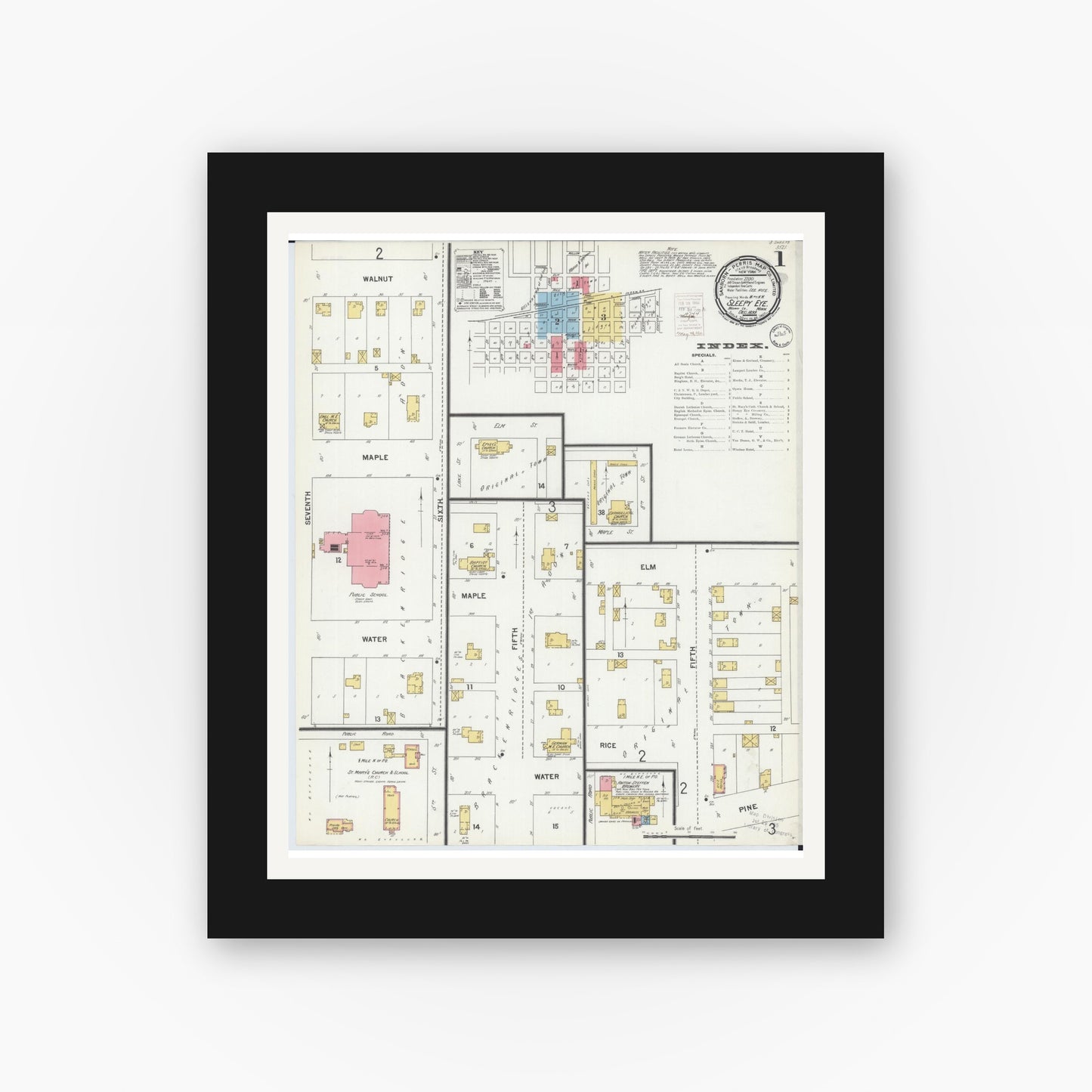 Old map wall art mockup — black gallery frame with white mat — Sanborn Fire Insurance Map from Sleepy Eye, Brown County, Minnesota (1899) - Complete Map Set