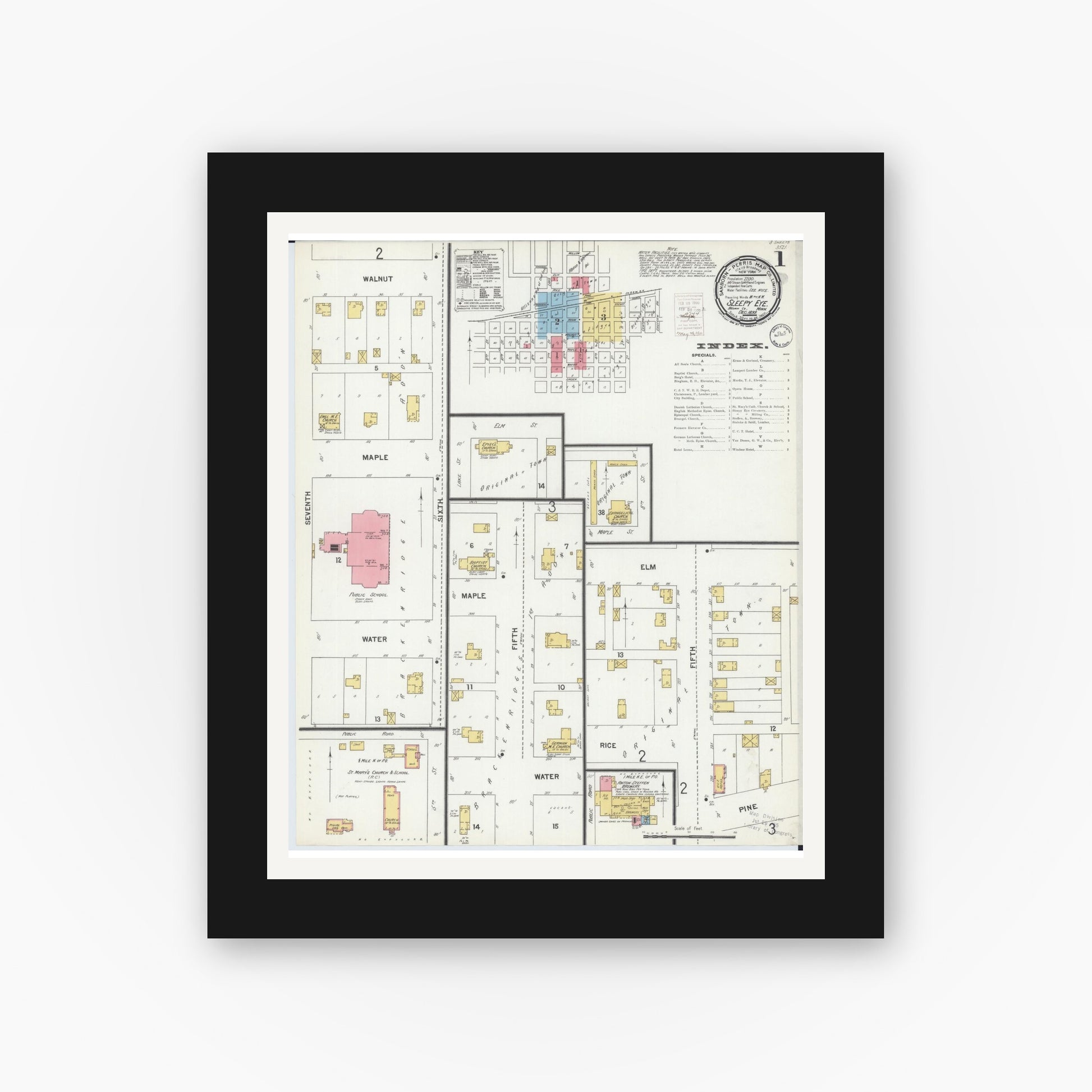 Old map wall art mockup — black gallery frame with white mat — Sanborn Fire Insurance Map from Sleepy Eye, Brown County, Minnesota (1899) - Complete Map Set