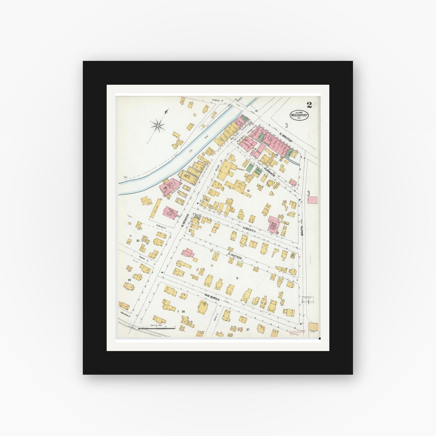 Old map wall art mockup — black gallery frame with white mat — Sanborn Fire Insurance Map from Weedsport, Cayuga County, New York (1901), Sheet #0002