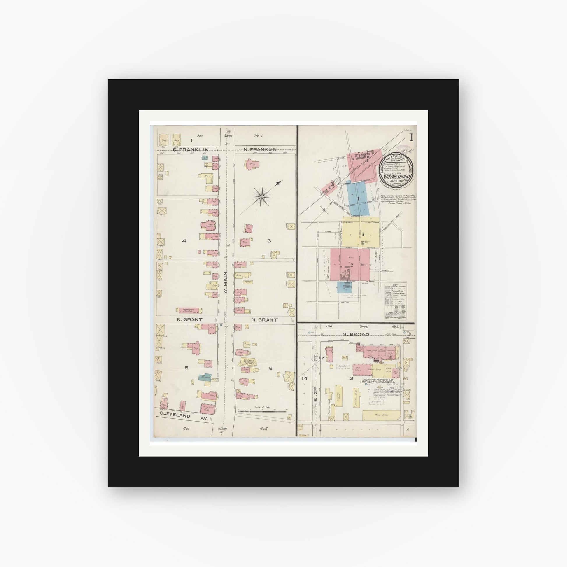 Old map wall art mockup — black gallery frame with white mat — Sanborn Fire Insurance Map from Waynesboro, Franklin County, Pennsylvania (1886), Sheet #0001