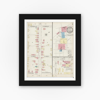 Old map wall art mockup — black gallery frame with white mat — Sanborn Fire Insurance Map from Waynesboro, Franklin County, Pennsylvania (1886), Sheet #0001