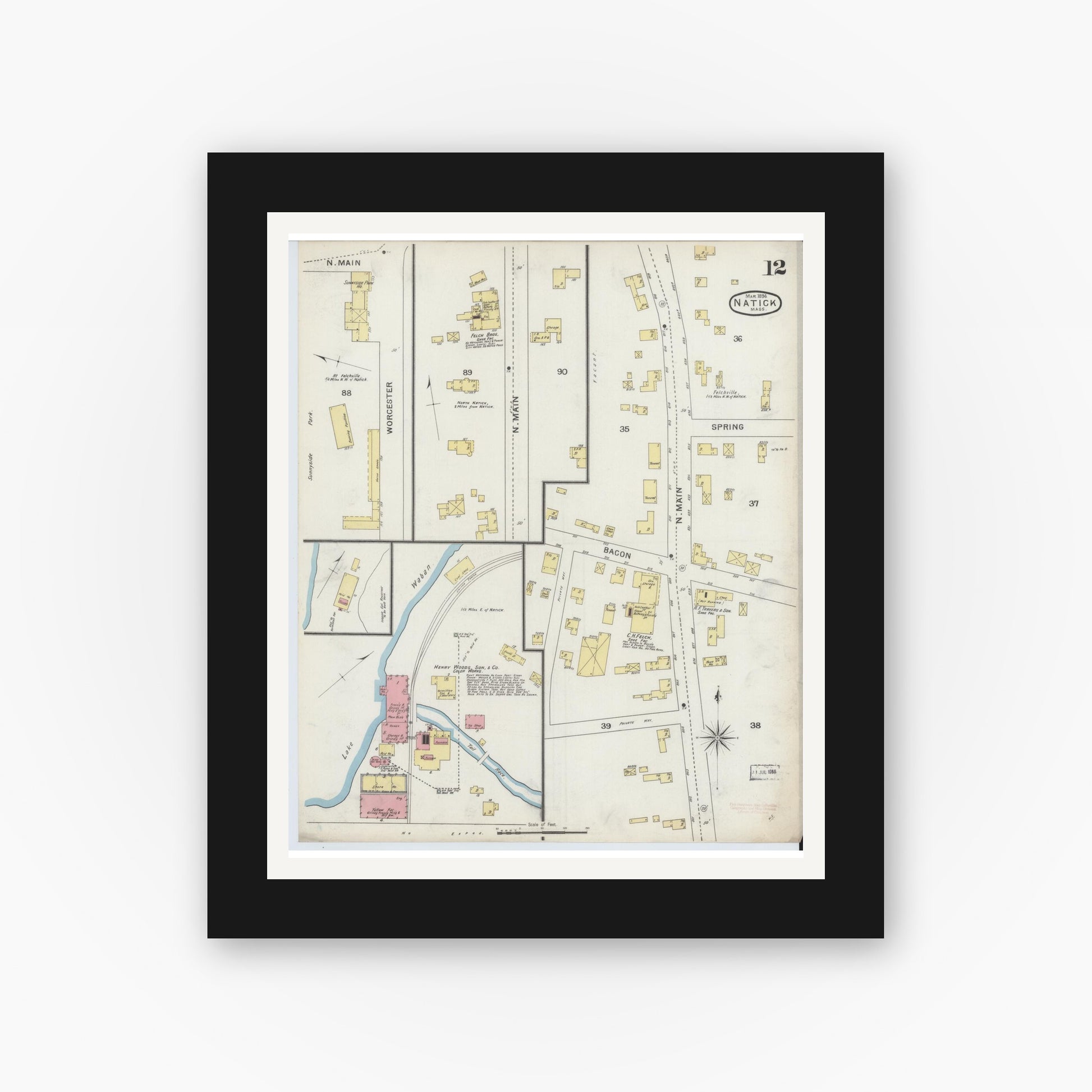 Old map wall art mockup — black gallery frame with white mat — Sanborn Fire Insurance Map from Natick, Middlesex County, Massachusetts (1894), Sheet #0012