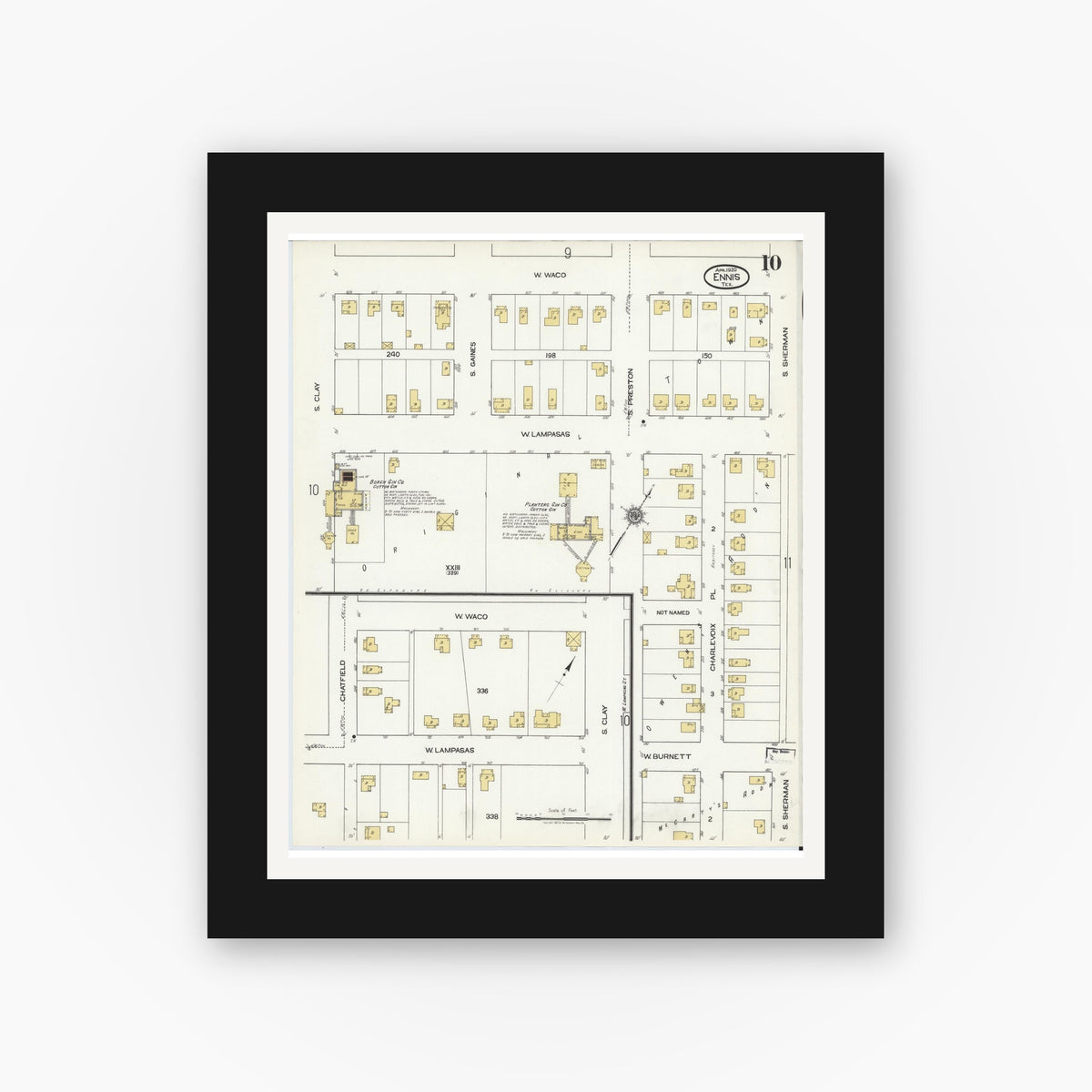 Old map wall art mockup — black gallery frame with white mat — Sanborn Fire Insurance Map from Ennis, Ellis County, Texas (1920), Sheet #0010