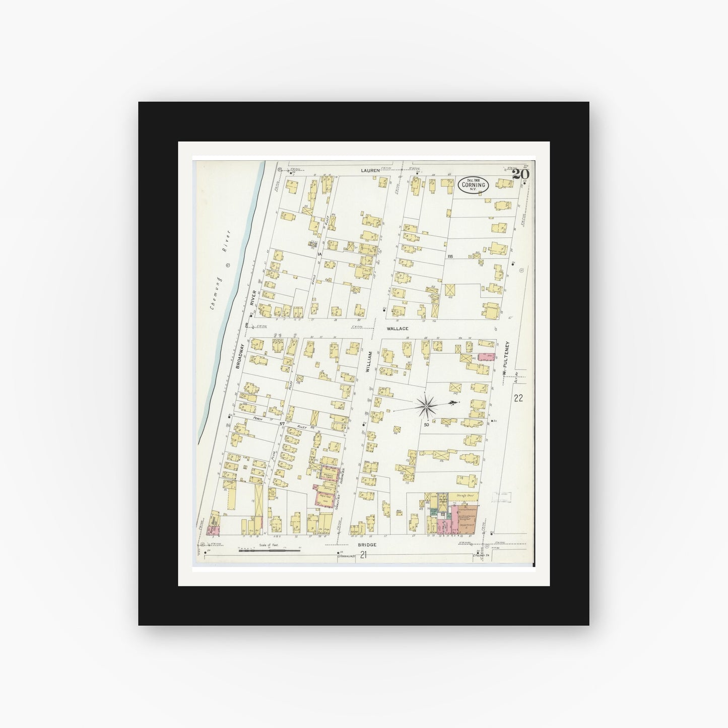 Old map wall art mockup — black gallery frame with white mat — Sanborn Fire Insurance Map from Corning, Steuben County, New York (1908), Sheet #0020