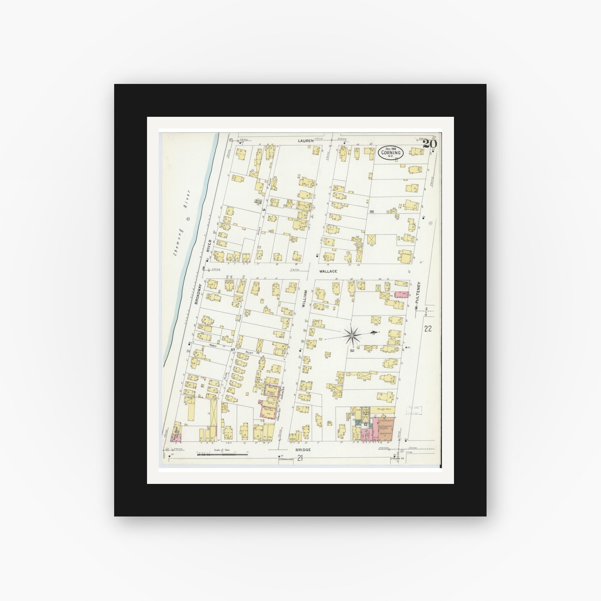 Old map wall art mockup — black gallery frame with white mat — Sanborn Fire Insurance Map from Corning, Steuben County, New York (1908), Sheet #0020