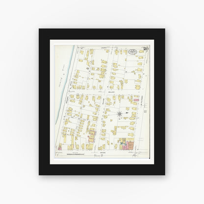 Old map wall art mockup — black gallery frame with white mat — Sanborn Fire Insurance Map from Corning, Steuben County, New York (1908), Sheet #0020