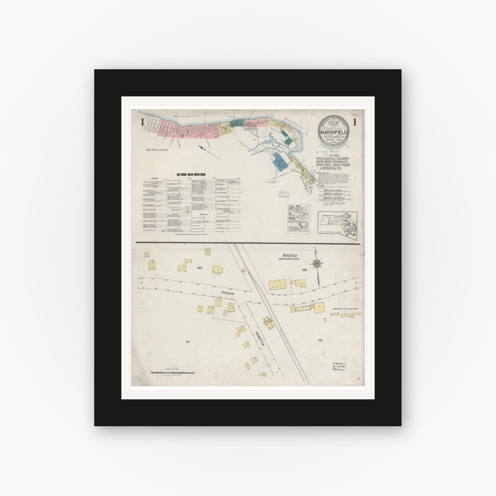 Old map wall art mockup — black gallery frame with white mat — Sanborn Fire Insurance Map from Marshfield, Plymouth County, Massachusetts (1925), Sheet #0001