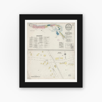 Old map wall art mockup — black gallery frame with white mat — Sanborn Fire Insurance Map from Marshfield, Plymouth County, Massachusetts (1925), Sheet #0001
