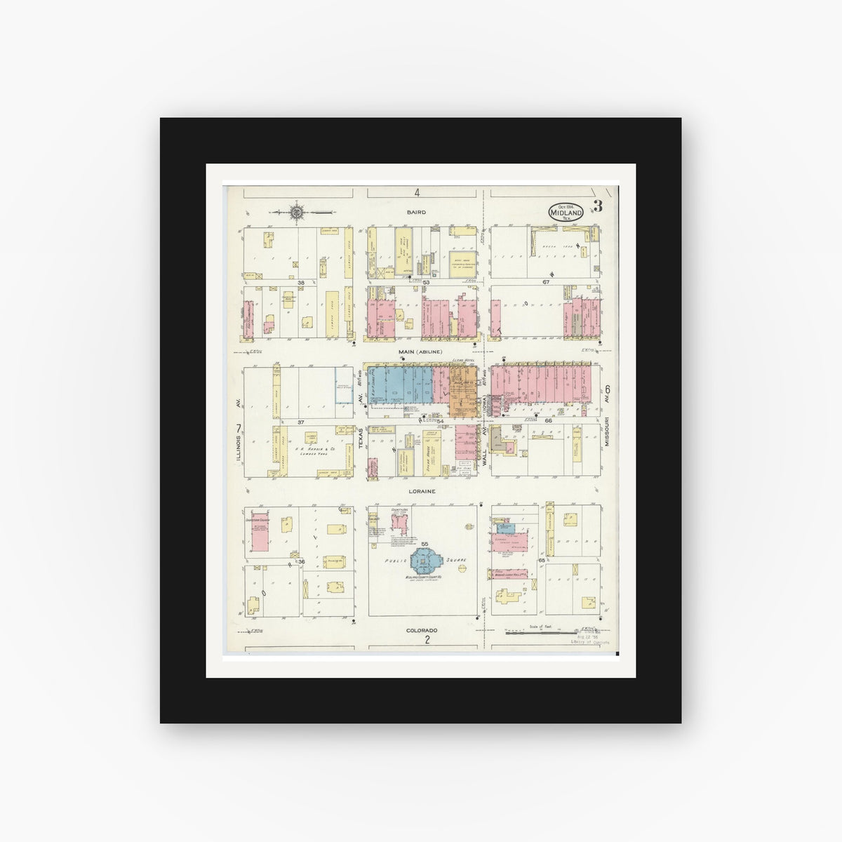 Old map wall art mockup — black gallery frame with white mat — Sanborn Fire Insurance Map from Midland, Midland County, Texas (1914), Sheet #0003
