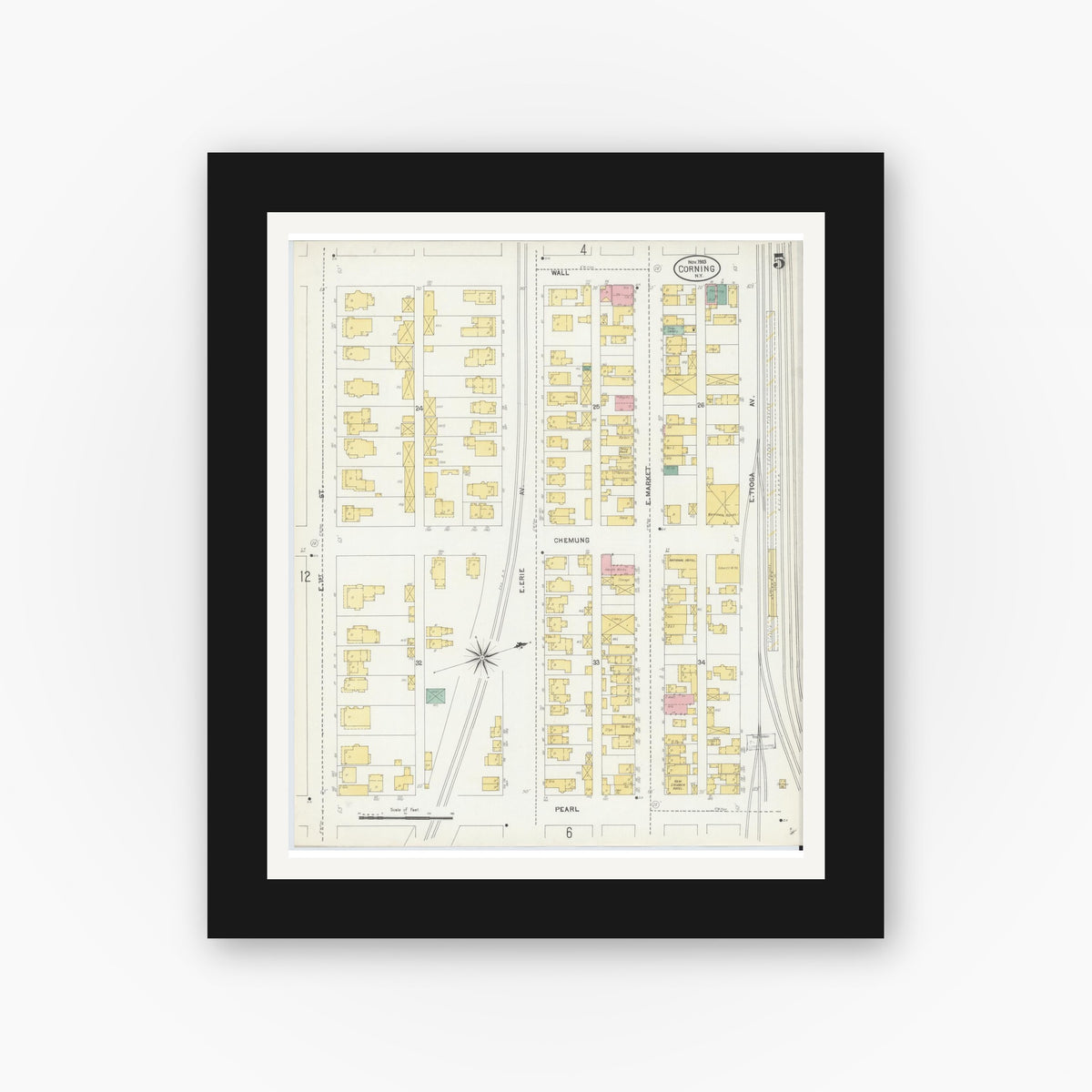 Old map wall art mockup — black gallery frame with white mat — Sanborn Fire Insurance Map from Corning, Steuben County, New York (1903), Sheet #0005