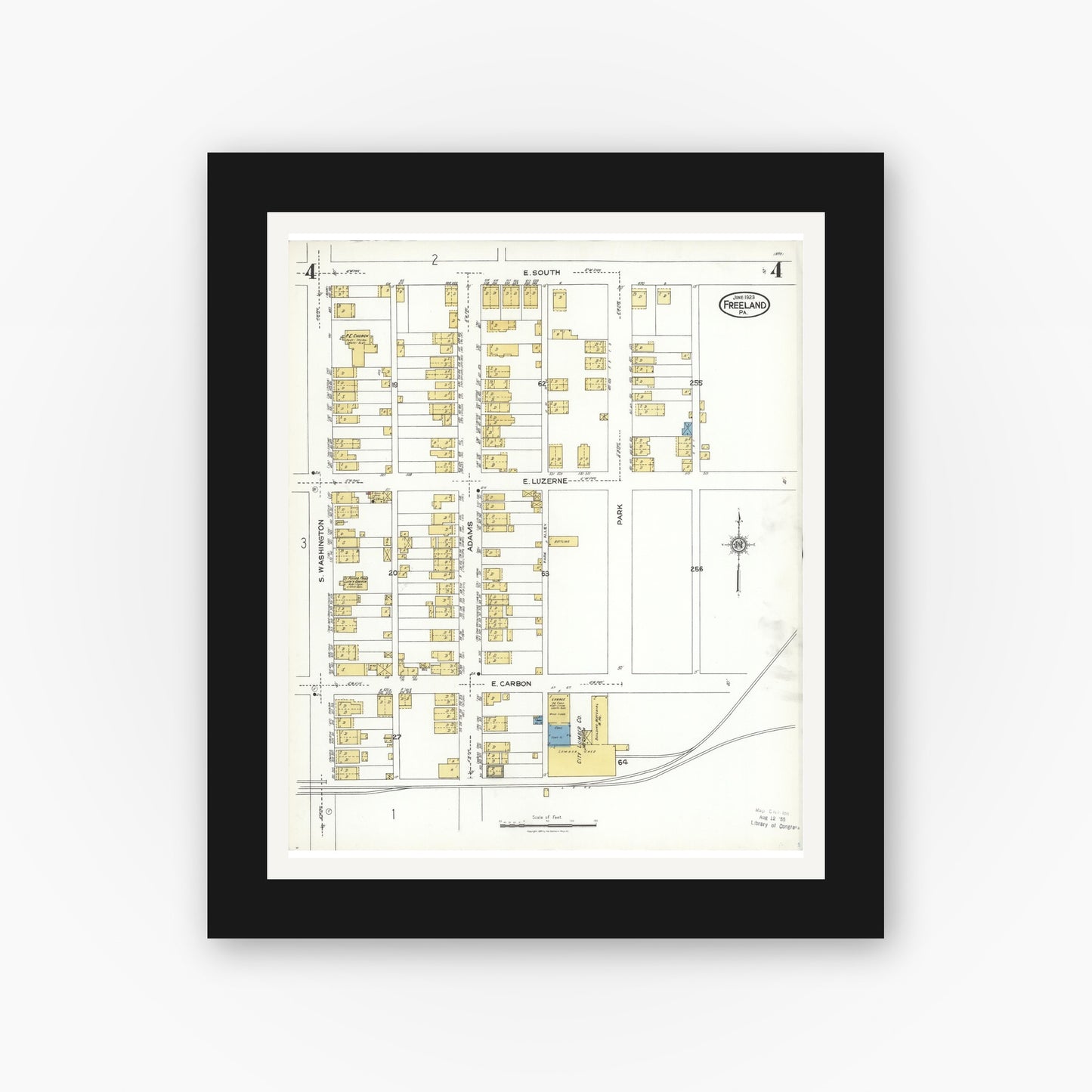 Old map wall art mockup — black gallery frame with white mat — Sanborn Fire Insurance Map from Freeland, Luzerne County, Pennsylvania (1923), Sheet #0004