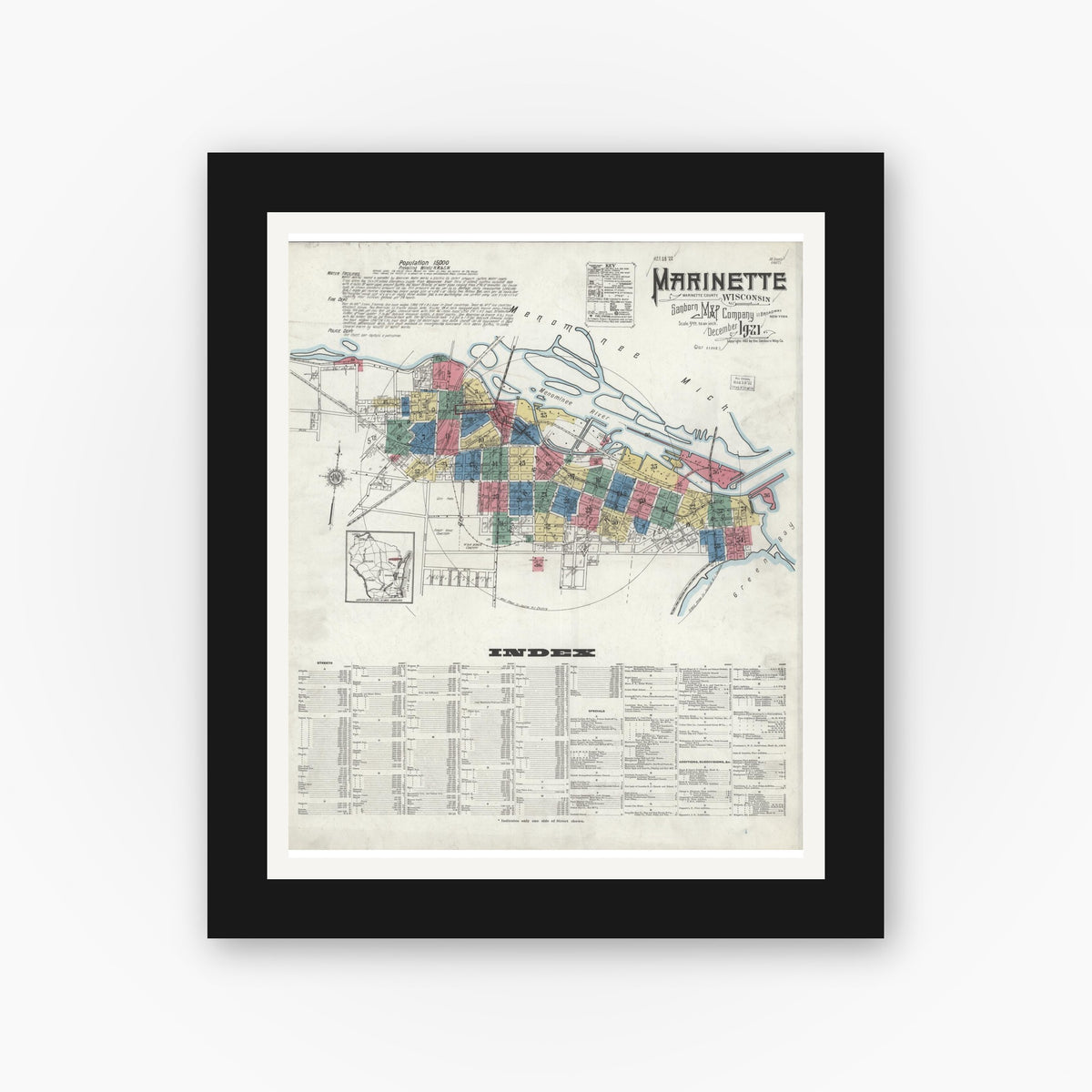 Old map wall art mockup — black gallery frame with white mat — Sanborn Fire Insurance Map from Marinette, Marinette County, Wisconsin (1921), Sheet #0001