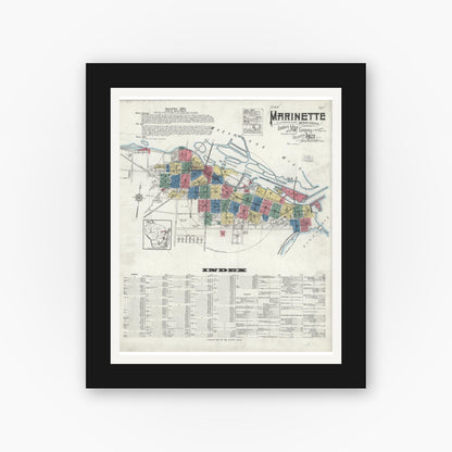 Old map wall art mockup — black gallery frame with white mat — Sanborn Fire Insurance Map from Marinette, Marinette County, Wisconsin (1921), Sheet #0001