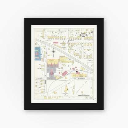 Old map wall art mockup — black gallery frame with white mat — Sanborn Fire Insurance Map from Hartford City, Blackford County, Indiana (1909), Sheet #0010