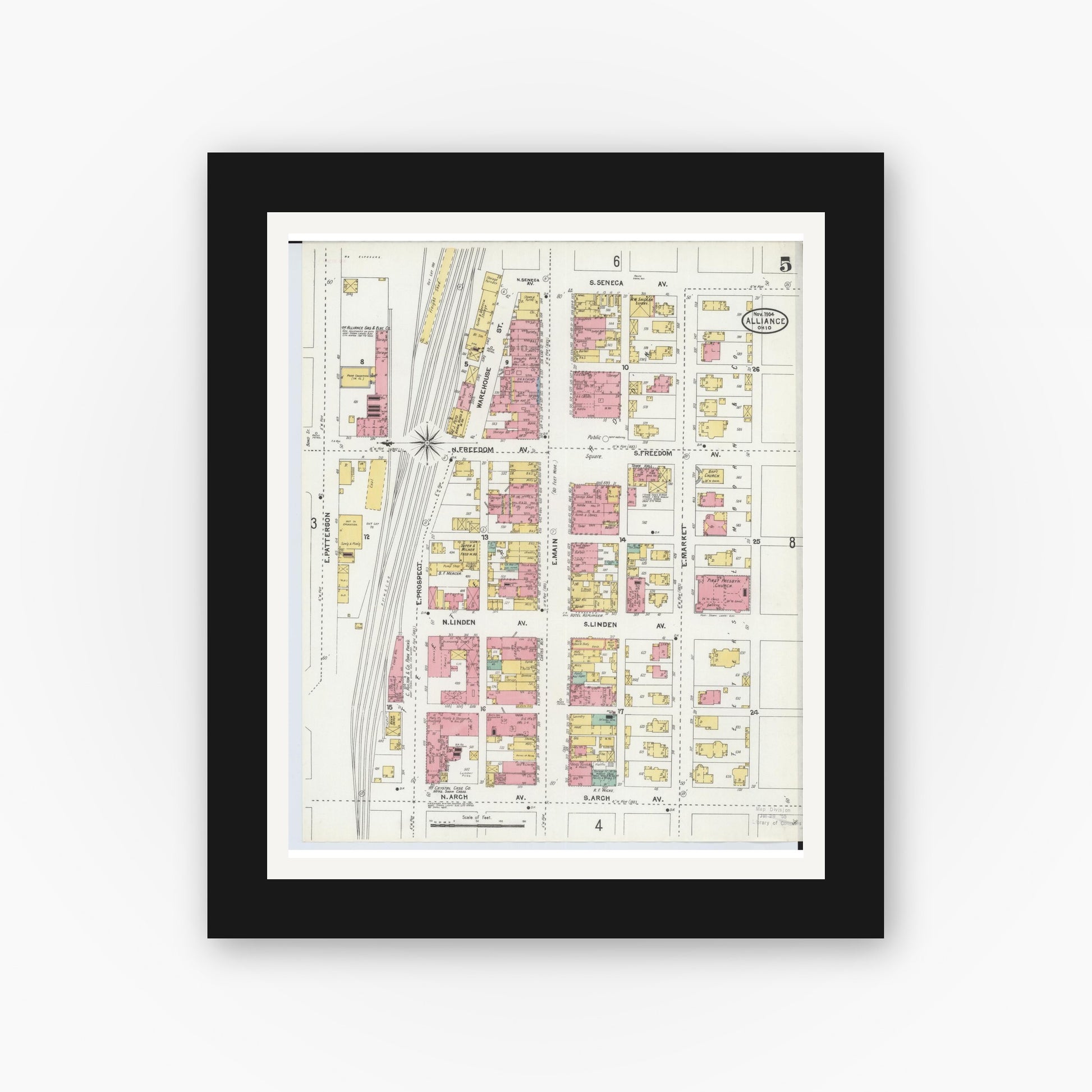 Old map wall art mockup — black gallery frame with white mat — Sanborn Fire Insurance Map from Alliance, Stark County, Ohio (1904), Sheet #0005
