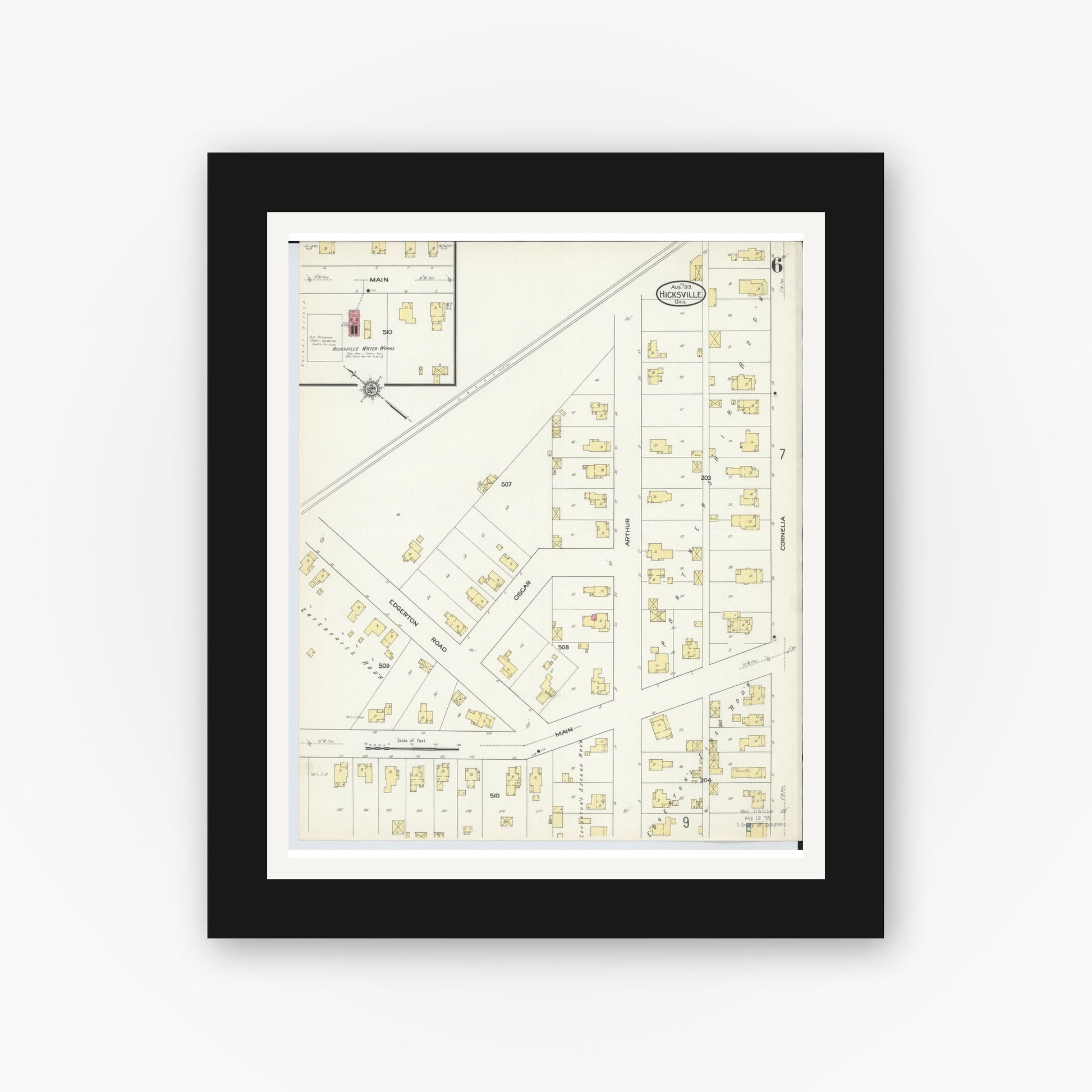 Old map wall art mockup — black gallery frame with white mat — Sanborn Fire Insurance Map from Hicksville, Defiance County, Ohio (1913), Sheet #0006