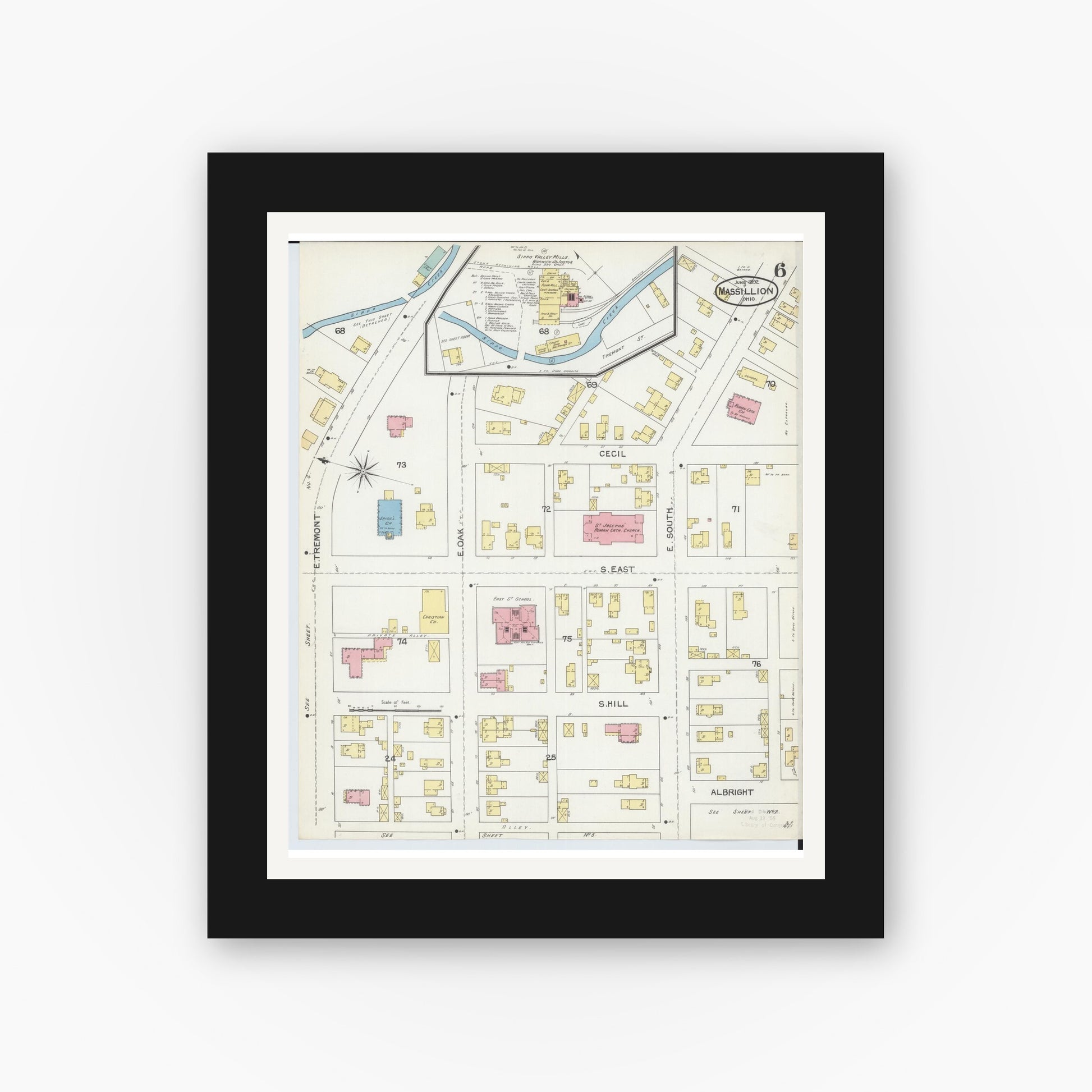 Old map wall art mockup — black gallery frame with white mat — Sanborn Fire Insurance Map from Massillon, Stark County, Ohio (1892), Sheet #0006