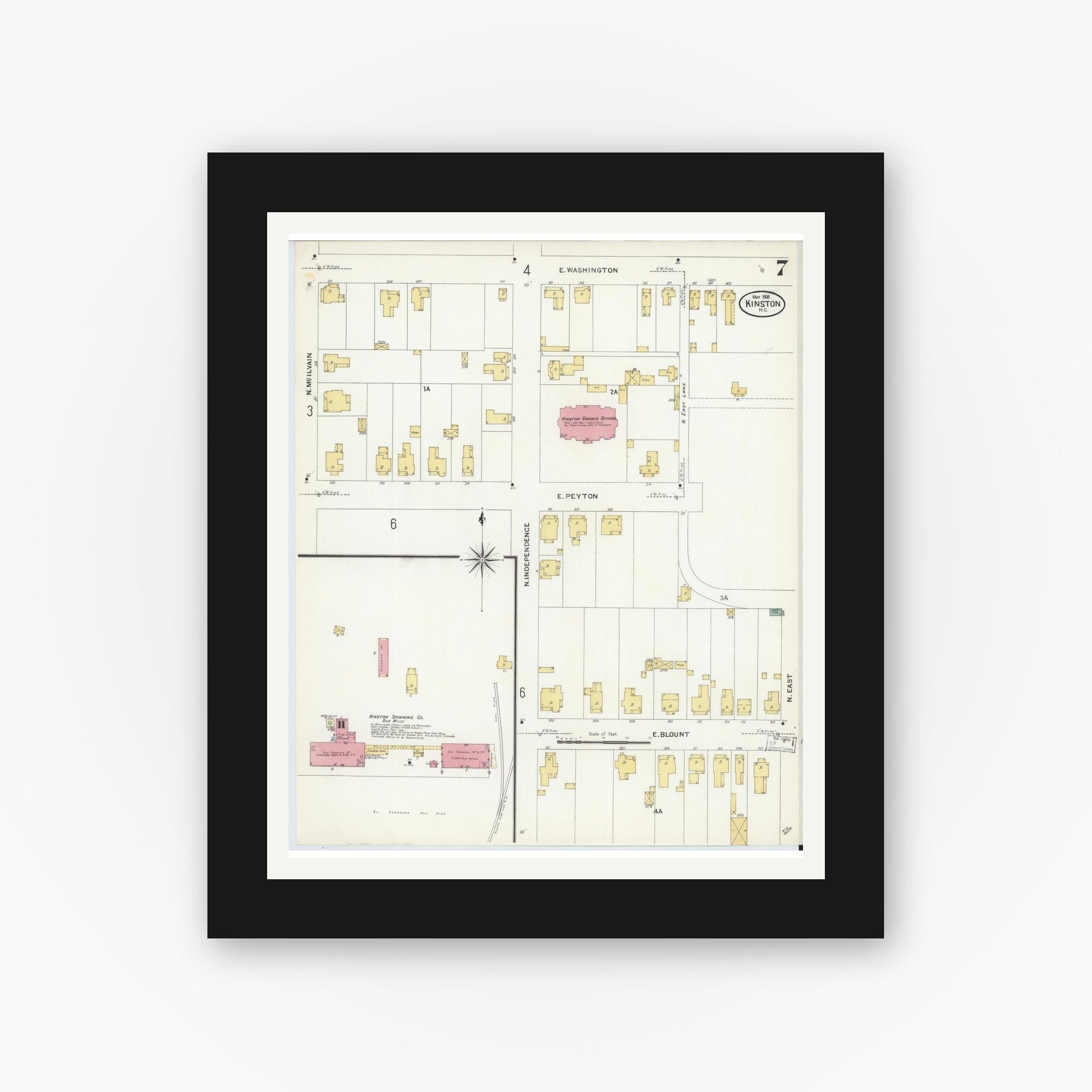 Old map wall art mockup — black gallery frame with white mat — Sanborn Fire Insurance Map from Kinston, Lenoir County, North Carolina (1908), Sheet #0007