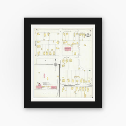 Old map wall art mockup — black gallery frame with white mat — Sanborn Fire Insurance Map from Kinston, Lenoir County, North Carolina (1908), Sheet #0007