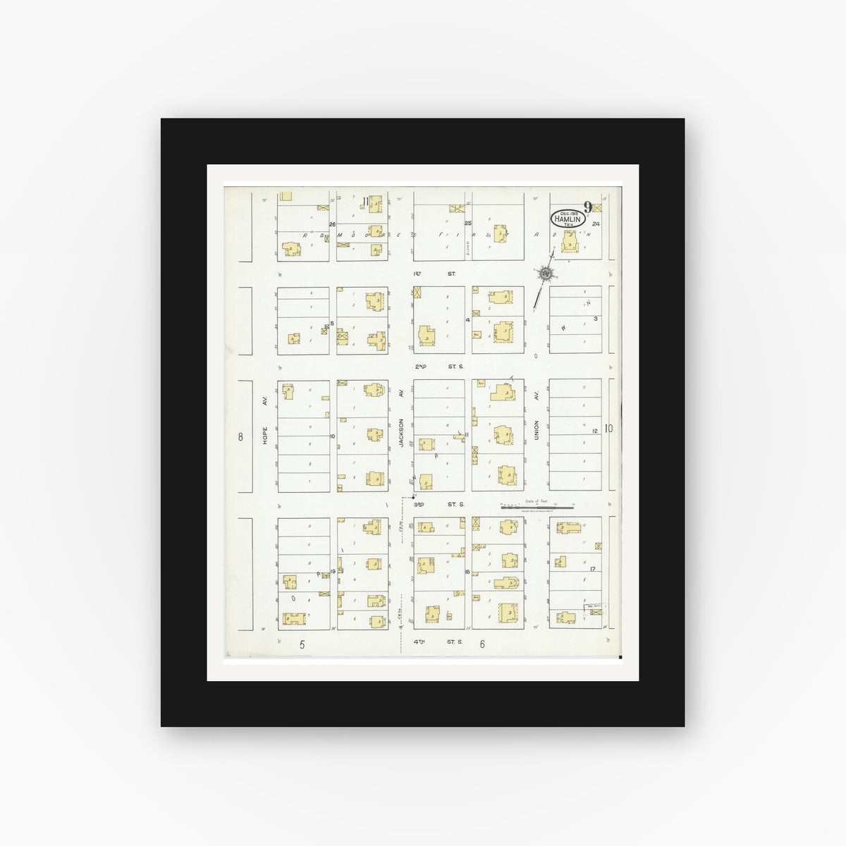 Old map wall art mockup — black gallery frame with white mat — Sanborn Fire Insurance Map from Hamlin, Jones County, Texas (1919), Sheet #0009