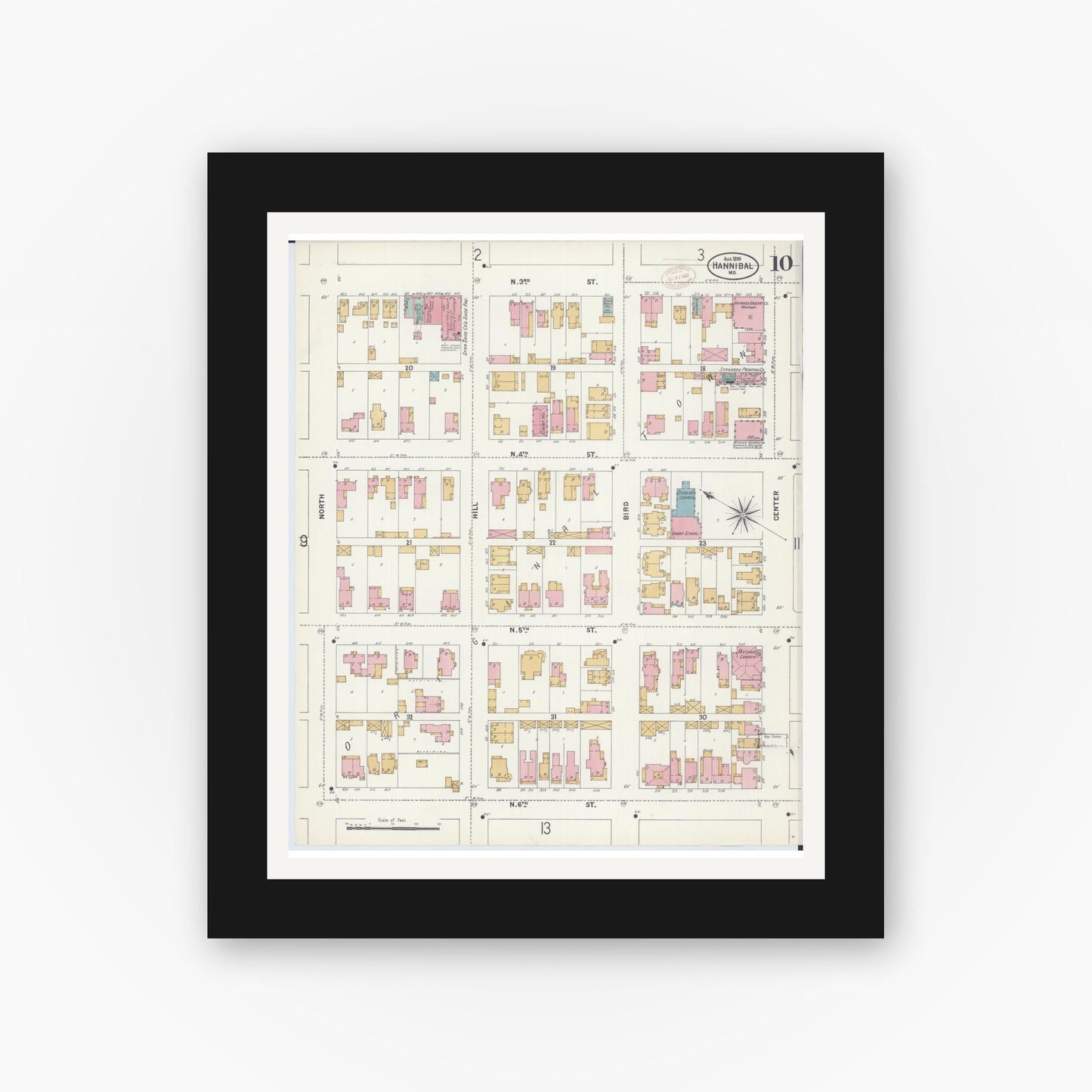 Old map wall art mockup — black gallery frame with white mat — Sanborn Fire Insurance Map from Hannibal, Marion County, Missouri (1899), Sheet #0010
